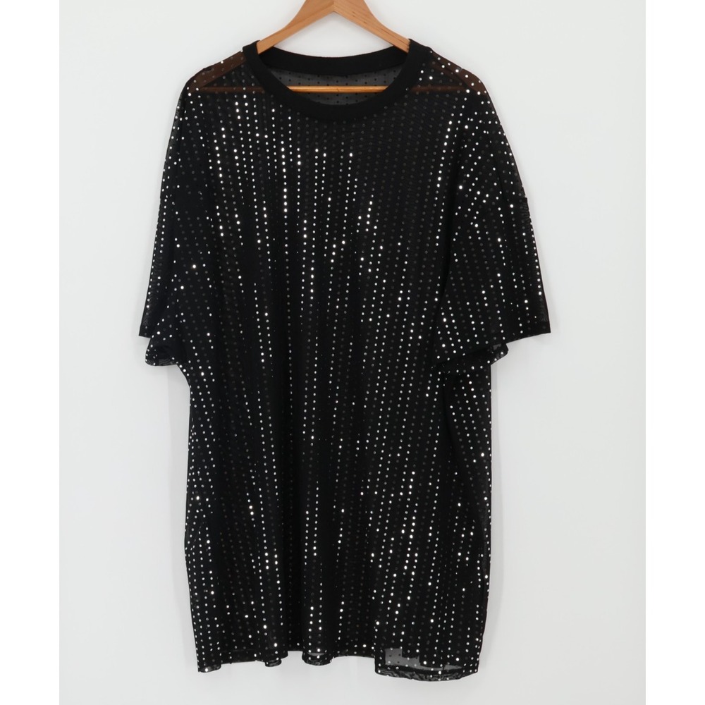Black Mesh Sequin Tunic Dress Oversized Sheer TShirt Mini Clubwear One Size